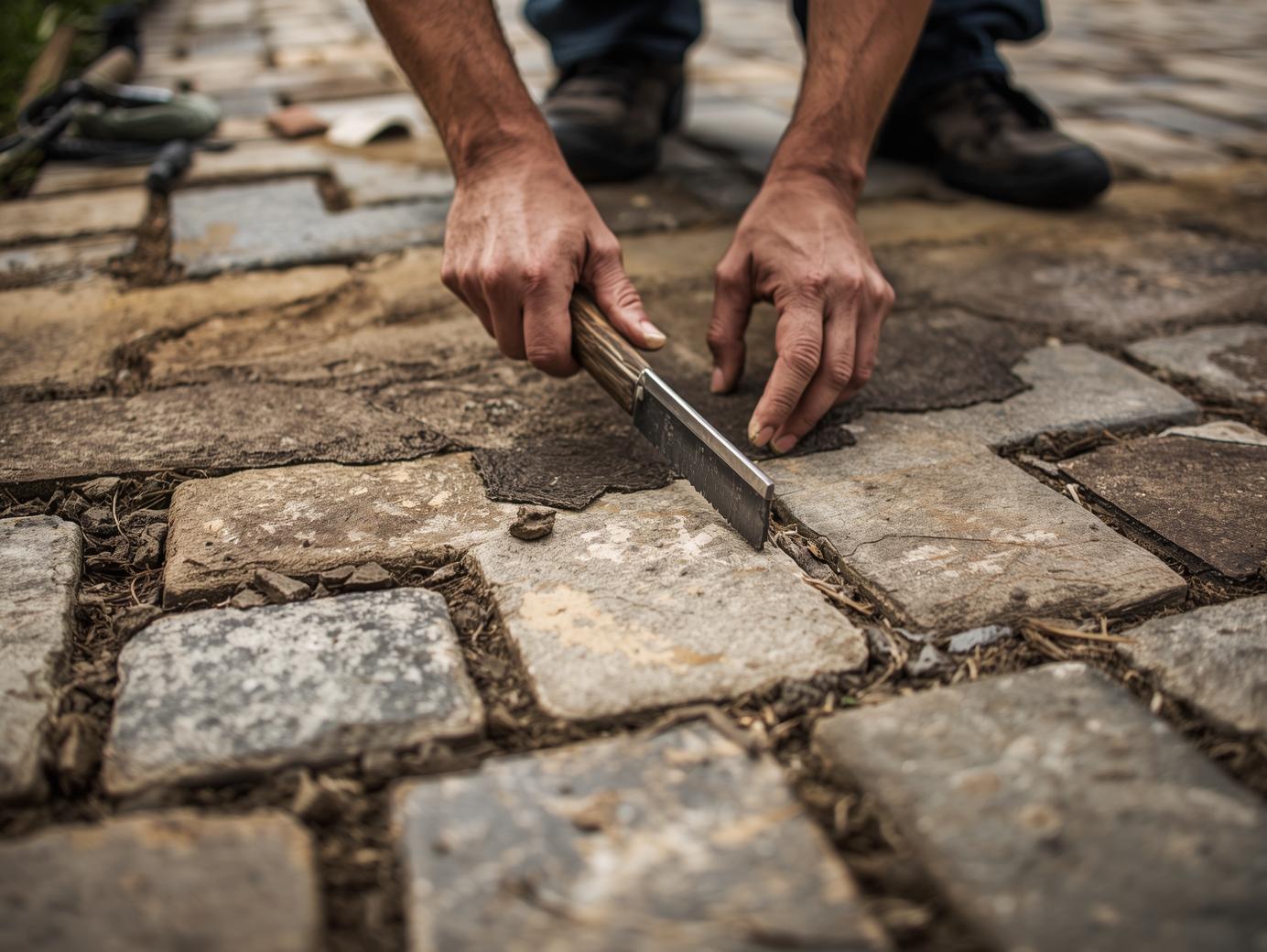Person repairing cobblestone pathway stones